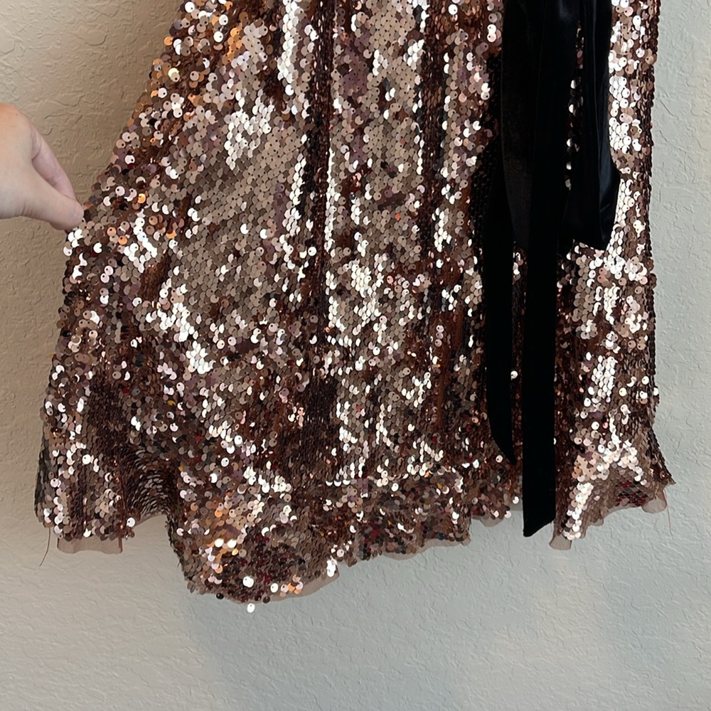 NWT Free People Tribeca Sequin Ruffle Brown Dress Velvet Bow Size 0 - Picture 5 of 11